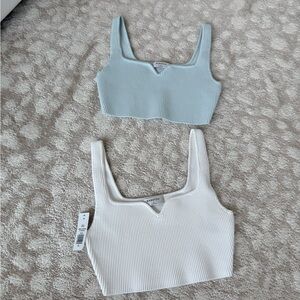 Set of 2 Ribbed Crop Tanks - White and Blue